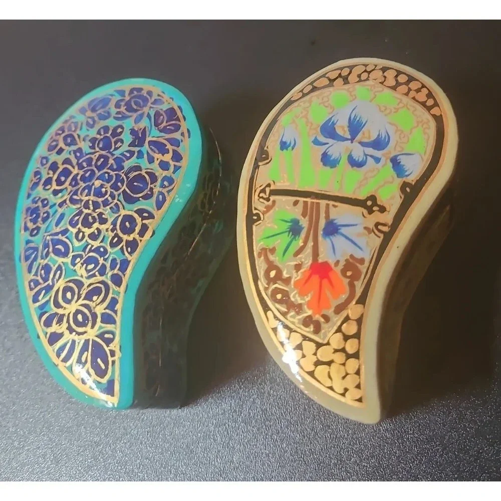 2 Handpainted Ornate Jewelry Wood Paper Mache Trinket Ring‎ Box Kidney Shape